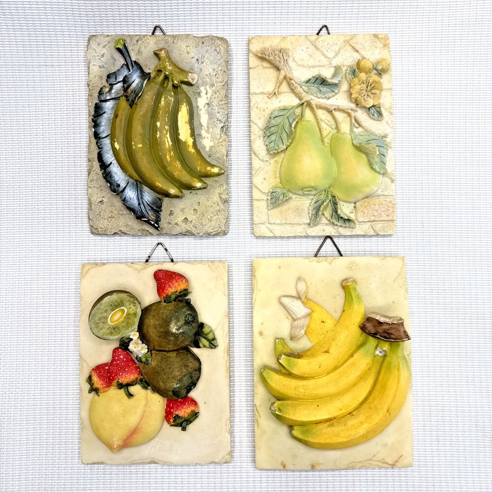 4 Vintage 3D Fruit Wall Plaques - Kitschy Kitchen Hanging Fruit Decor